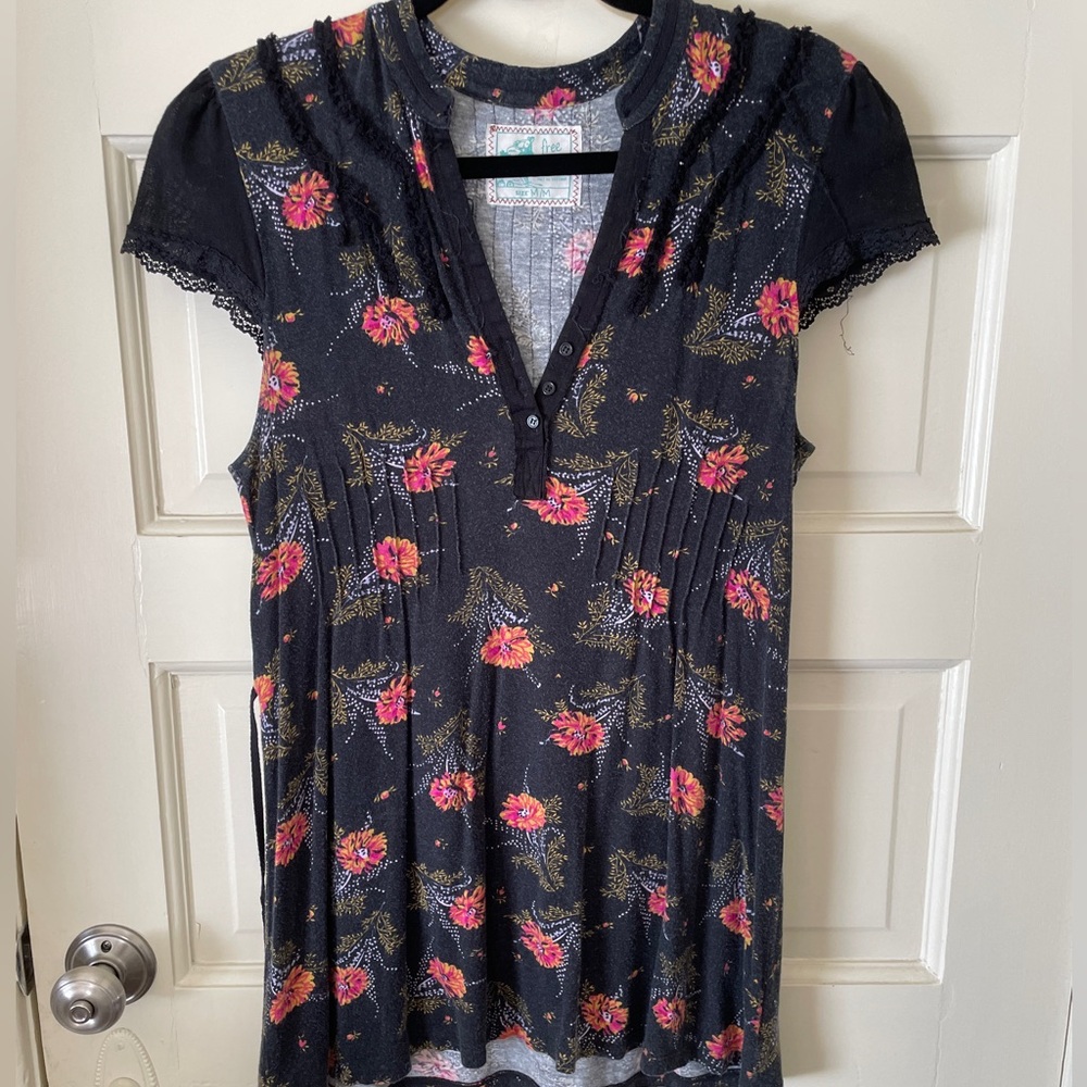 Free People Black and Pink Floral Blouse